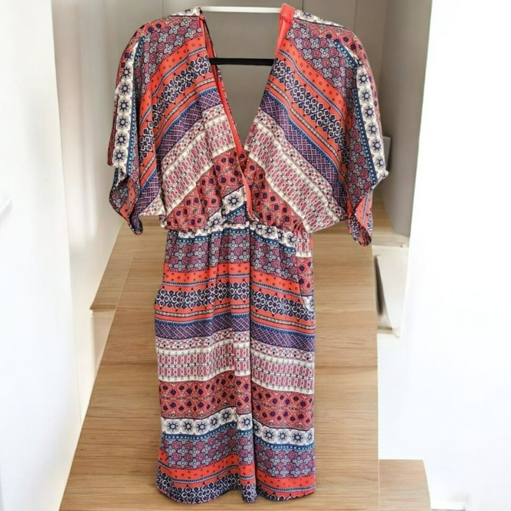 Boho Mini Festival Dress Women L Coral Blue Medallion Print Kimono Sleeve Pocket